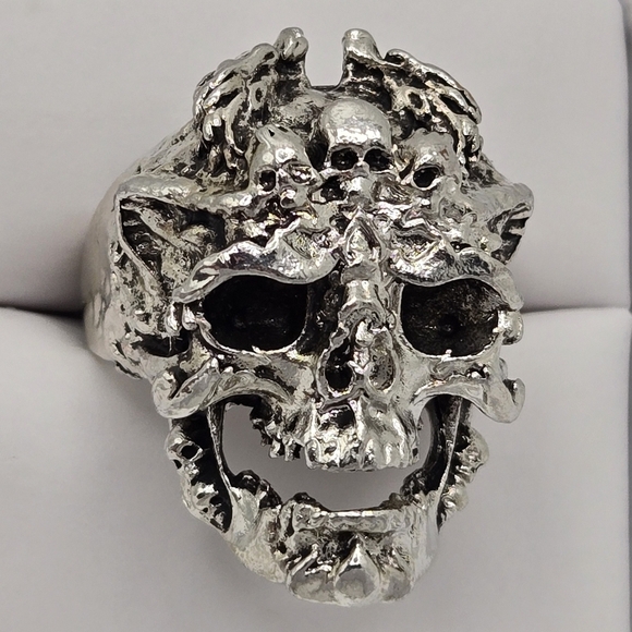 Biker Skull Devil Silver Large Statement Ring Size 11 - Picture 4 of 7